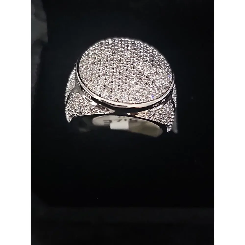 Size 8 White Gold-Plated brass- Men's Ring Pavé Round Cubic Zirconias